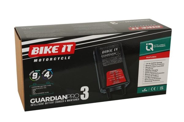 Bike It Guardian Pro 3 Battery ChargerLead and lithium 12V and 14.4V battery charger with adaptive charging and microprocessor control